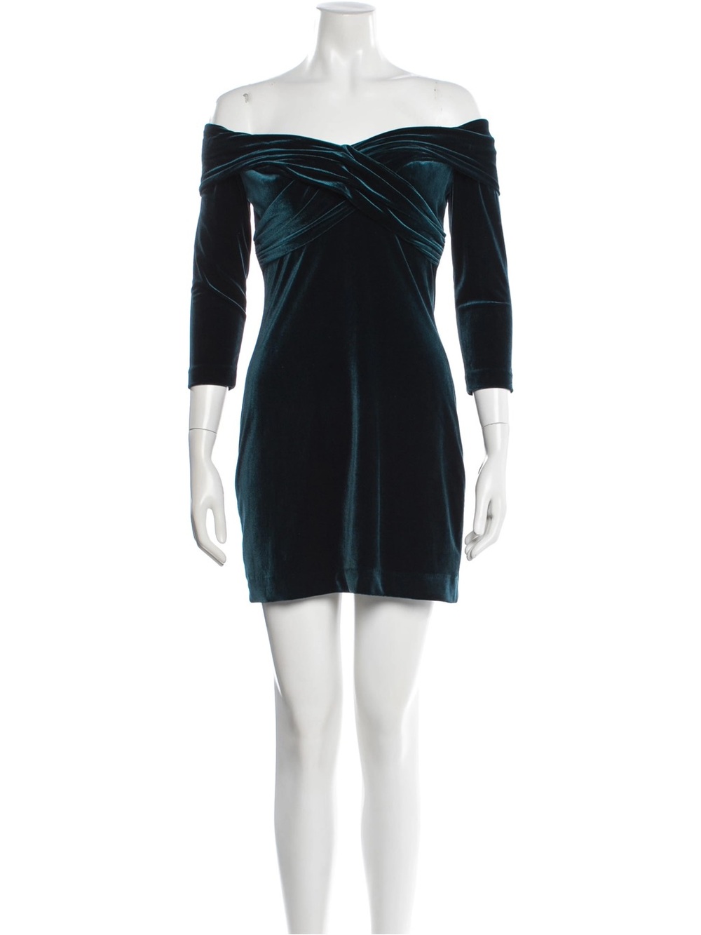 Theia Off-Shoulder Velvet Mini Dress in Teal Green